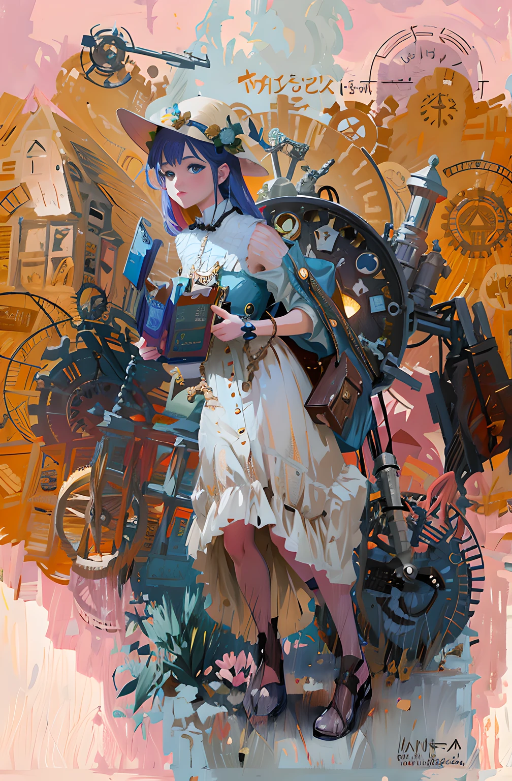 Painting a woman in a blue dress standing in front of a house, anime countryside landscape, gouache matte painting, storybook wide shot :: HD, storybook illustrations, Storybook illustration, Zelda, blurry and dreamy illustration, in an empty field, fundo de casa, colored sketch, matte illustration, storybook illustrations, animated movie still, made with anime painter studio