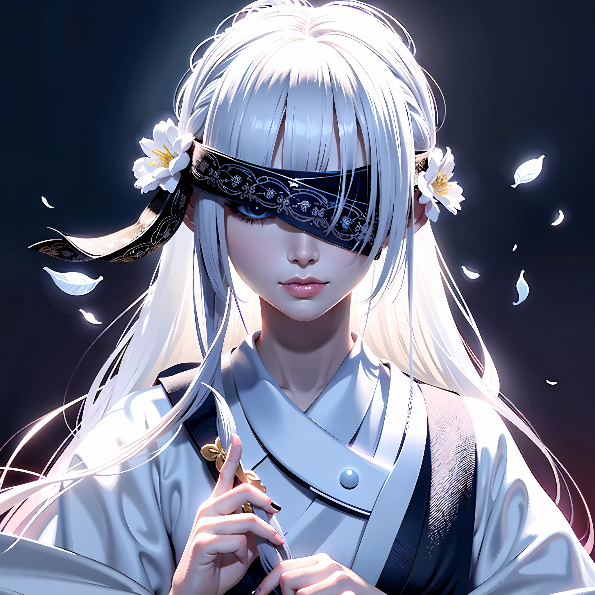 8K，best qualtiy，tmasterpiece，超高分辨率，Epic and beautiful character art，Stunning character art，A woman wears a black ribbon to cover her eyes，Gray hair，Anime girl with flowers in her hair, Gray background，It is a detailed Onmyoji style art，Whitening of the face，frostbite，Silk robes，Very beautiful girl，The blind freedom of a few，style of anime4 K, Anime wallpaper 4K,  White-haired god, anime styled 3d