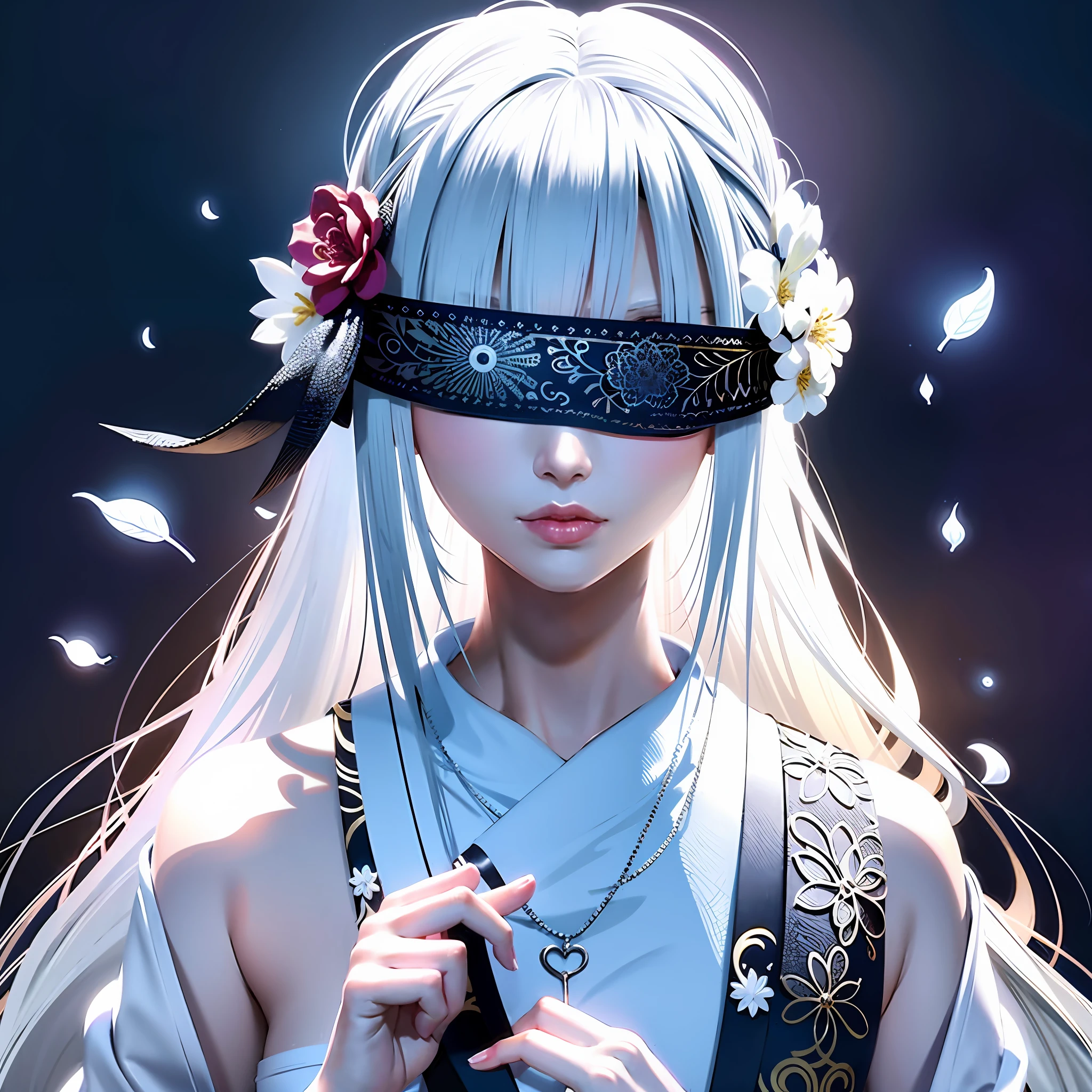 8K，best qualtiy，tmasterpiece，超高分辨率，Epic and beautiful character art，Stunning character art，A woman wears a black ribbon to cover her eyes，Gray hair，Anime girl with flowers in her hair, Gray background，It is a detailed Onmyoji style art，Whitening of the face，frostbite，Silk robes，Very beautiful girl，The blind freedom of a few，style of anime4 K, Anime wallpaper 4K,  White-haired god, anime styled 3d