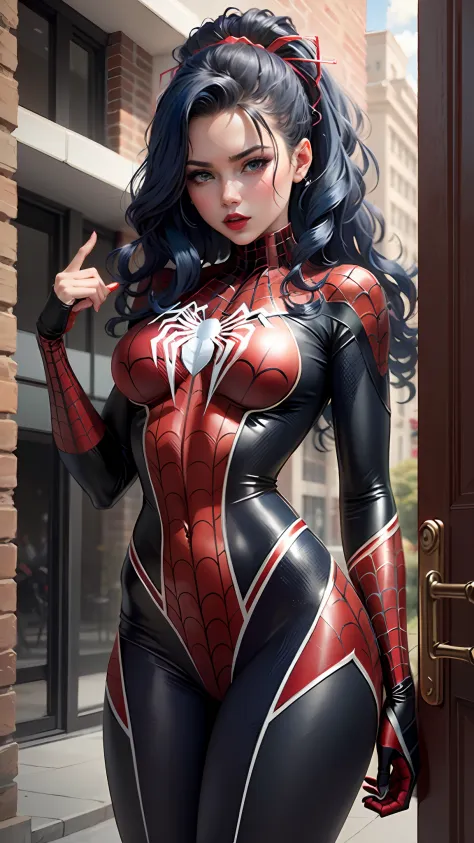 Beautiful woman detailed defined body using spider man cosplay, medium breasts, (visible ) , dark blue hair with red highlights, dark red lipstick, green eyes, Nipple transparent trought costume