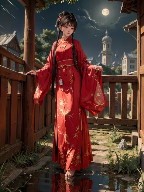 absurdres, highres, ultra detailed, (1girl:1.3), hand drawn, simple line, 16year girl in red color Chinese Hanfu , barefoot,masterpiece, stand at cliff, moon light, night time,