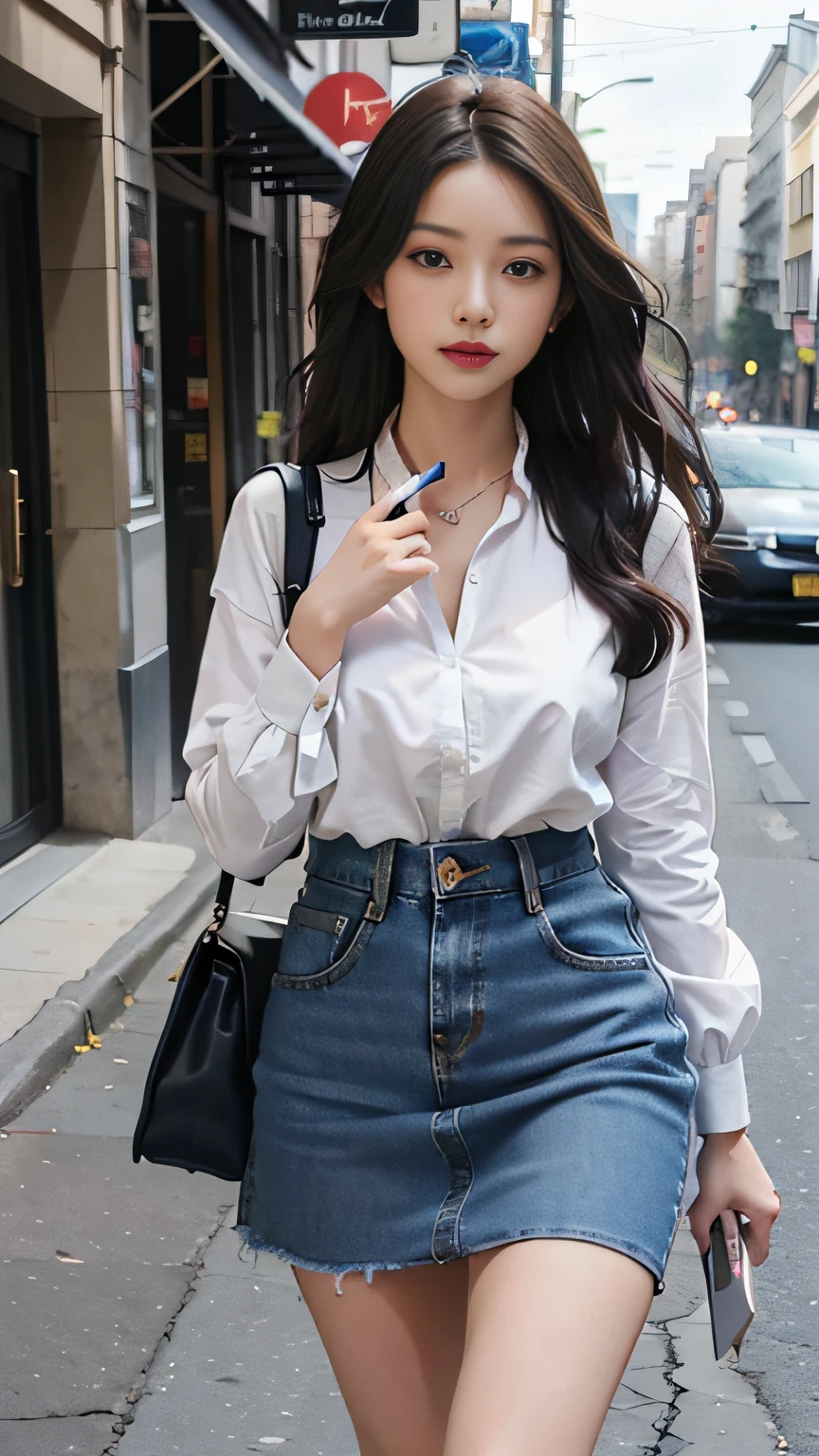 Beutiful women，Fiddling with your phone in the middle of the street，whitet-shirt，Blue denim skirt