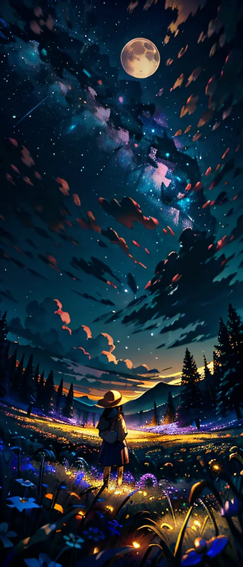 Expansive landscape photograph, (view from below with a view of the sky and the wilderness below), little girl standing in a flower field looking up, (full moon: 1.2), (shooting star: 0.9), (nebula: 1.3), distant mountain, tree break production art, (warm ...