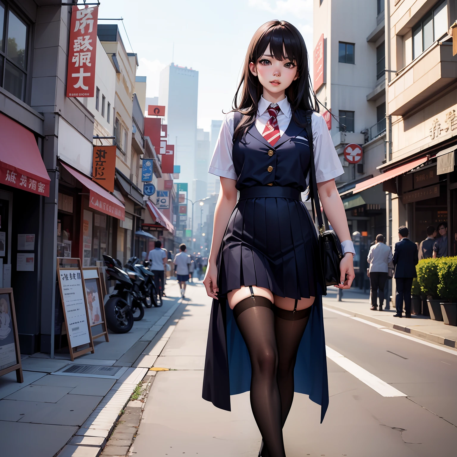 Asian woman in skirt and stockings walking down the street，intriguing outfit，very sexy outfit，at a city street，gorgeous chinese model，at a city street，Dress neatly，A surreal schoolgirl，Sexy outfits，revealing outfit，Dress appropriately，dressed with long fluent clothes，Surreal ，japanese goddess，Dressed in beautiful white，best qualitc，Masterpiece、，resoulution ultra-Highresolution，lifelike，a hyper realistic，an ultra realistic