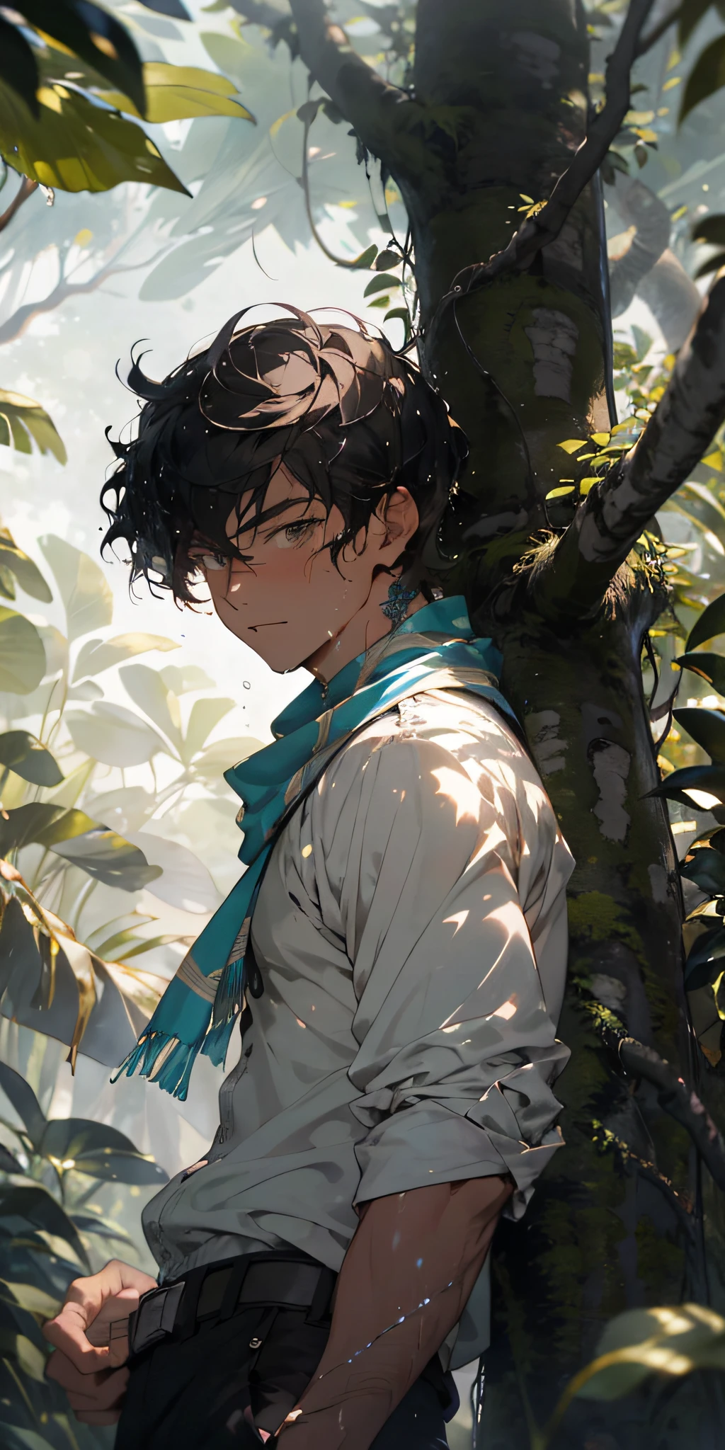 Beautiful close-up((adventurer)),（（giant and wet trees）），jungles,oases,realisticlying，（tmasterpiece，top Quority，best qualtiy，offcial art），The is very detailed，Colorful，Most detailed，Kamimei，short detailed hair，Black color hair，(magia)，Handsome man，White scarf