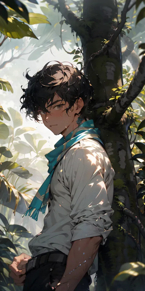 Beautiful close-up((adventurer)),（（giant and wet trees）），jungles,oases,realisticlying，（tmasterpiece，top Quority，best qualtiy，offcial art），The is very detailed，Colorful，Most detailed，Kamimei，short detailed hair，Black color hair，(magia)，Handsome man，White sc...