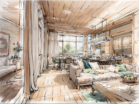 a sketch of a beautiful modern living room, (((foster and partners, artists impression, artistic impression, by Hamish MacDonald, by Carey Morris, by David Brewster, higher detailed illustration, by Helen Berman, an illustration, detailed illustration, by ...