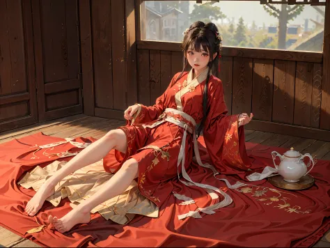absurdres, ultra detailed, (1girl:1.3), hand drawn, simple line, 16year girl in red color Chinese Hanfu, on bed, barefoot, indoo...