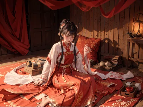 absurdres, ultra detailed, (1girl:1.3), hand drawn, simple line, 16year girl in red color Chinese Hanfu, on bed, barefoot, indoor, moon light, night time, nose blush, pov, highres, masterpiece