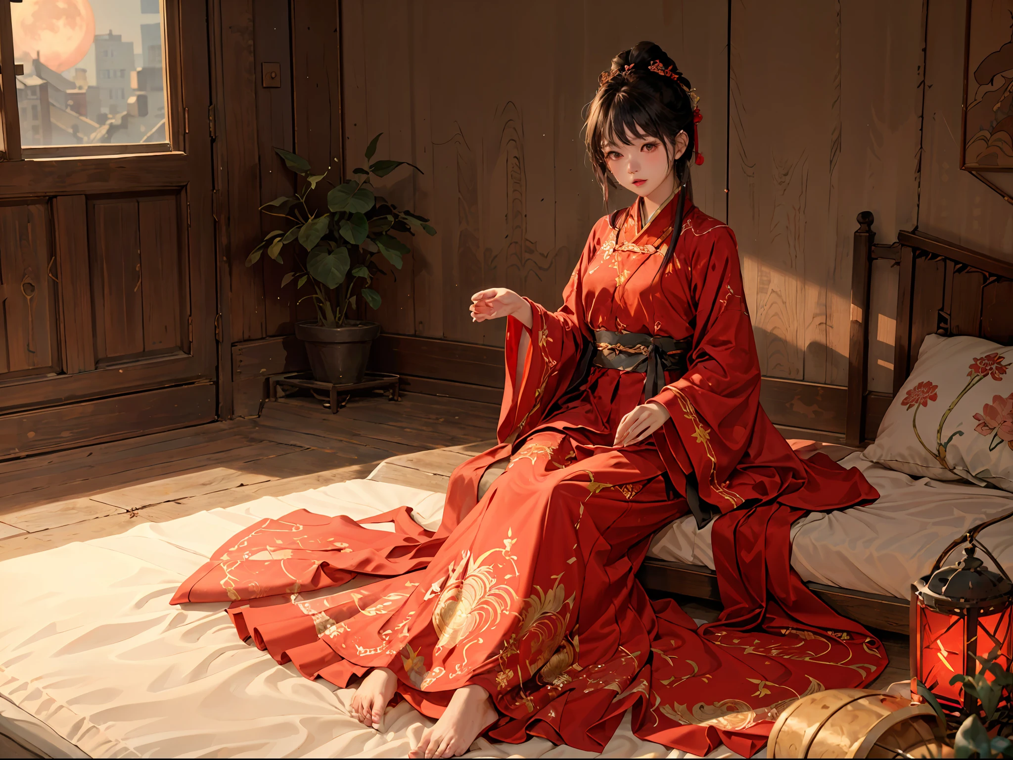 absurdes, ultra détaillé, (1fille:1.3), dessiné à la main, ligne simple, Fille de 16 ans en couleur rouge Hanfu chinois, sur le lit, pieds nus, intérieur, clair de lune, la nuit, nez rougir, lancer, haute résolution, chef-d&#39;œuvre