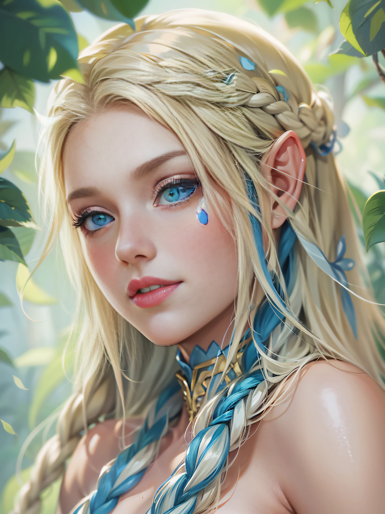 High quality art, Eladrin from dnd in her spring form, long blonde braidlem hair with blue stripes, white skin with small blue tattoes, beautiful blue eyes，