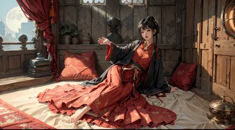 absurdres, highres, ultra detailed, (1girl:1.3), hand drawn, simple line, 16year girl in red color Chinese Hanfu , masterpiece, on bed, barefoot，indoor,moon light, night time,