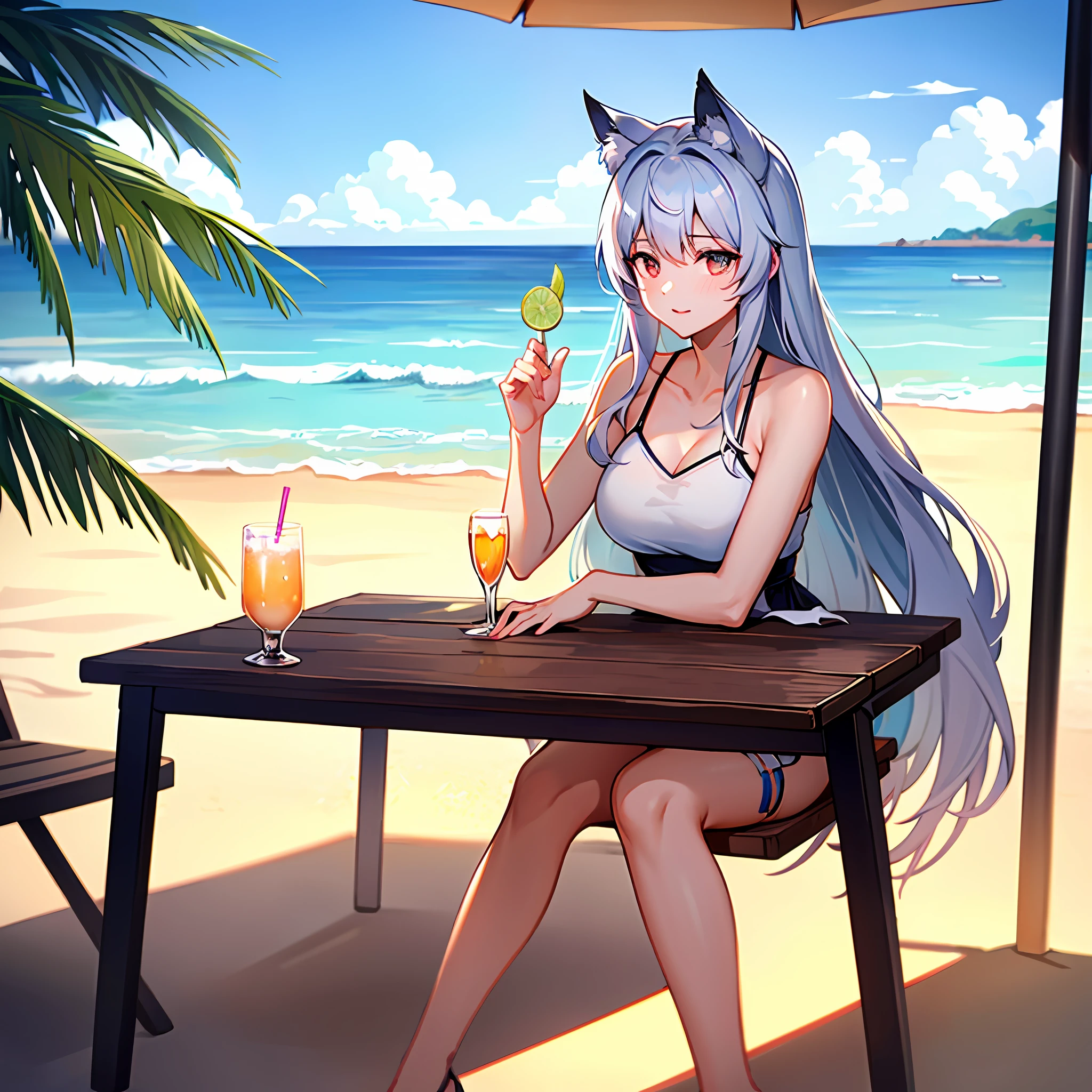 Anime cat sitting on table drinking drinks, relaxing on the beach, relaxing at the beach, anime visual of a cute cat, relaxing on the beach, relaxing on the beach, in beach, trending on artstation pixiv, White-haired fox, On a sunny beach, From Arknights, Relaxing concept art, on  the  beach