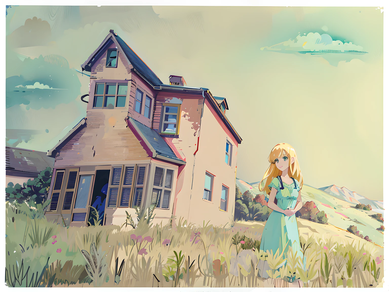 Painting a woman in a blue dress standing in front of a house, The house is covered with green vines，anime countryside landscape, gouache matte painting, storybook wide shot :: HD, storybook illustrations, Storybook illustration, Zelda, blurry and dreamy illustration, in an empty field, fundo de casa, colored sketch, matte illustration, storybook illustrations, animated movie still, made with anime painter studio