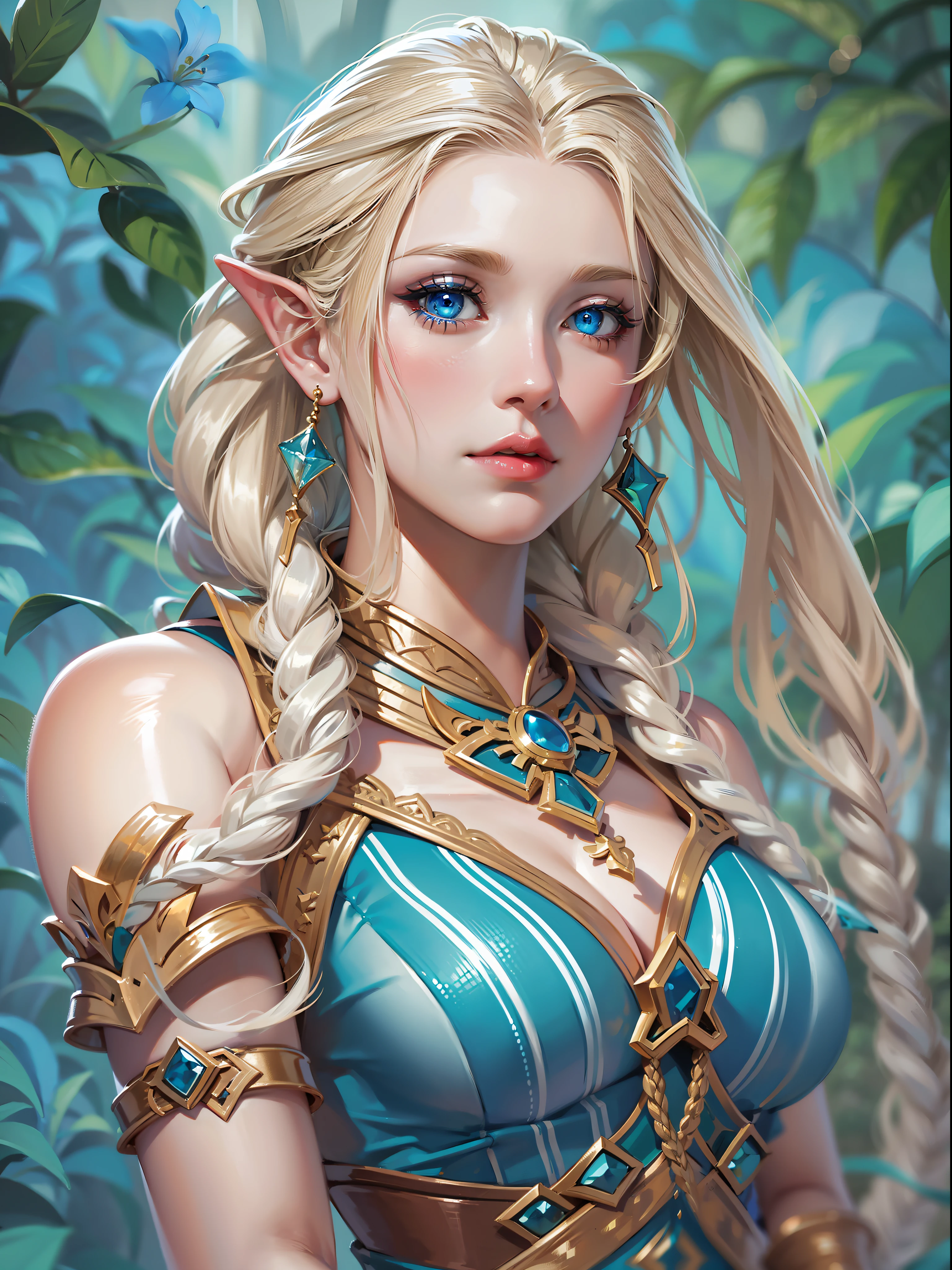 فن عالي الجودة, Eladrin من dnd في شكلها الربيعي, شعر أشقر طويل مضفر بخطوط زرقاء, بشرة بيضاء مع وشم أزرق صغير, عيون زرقاء جميلة，