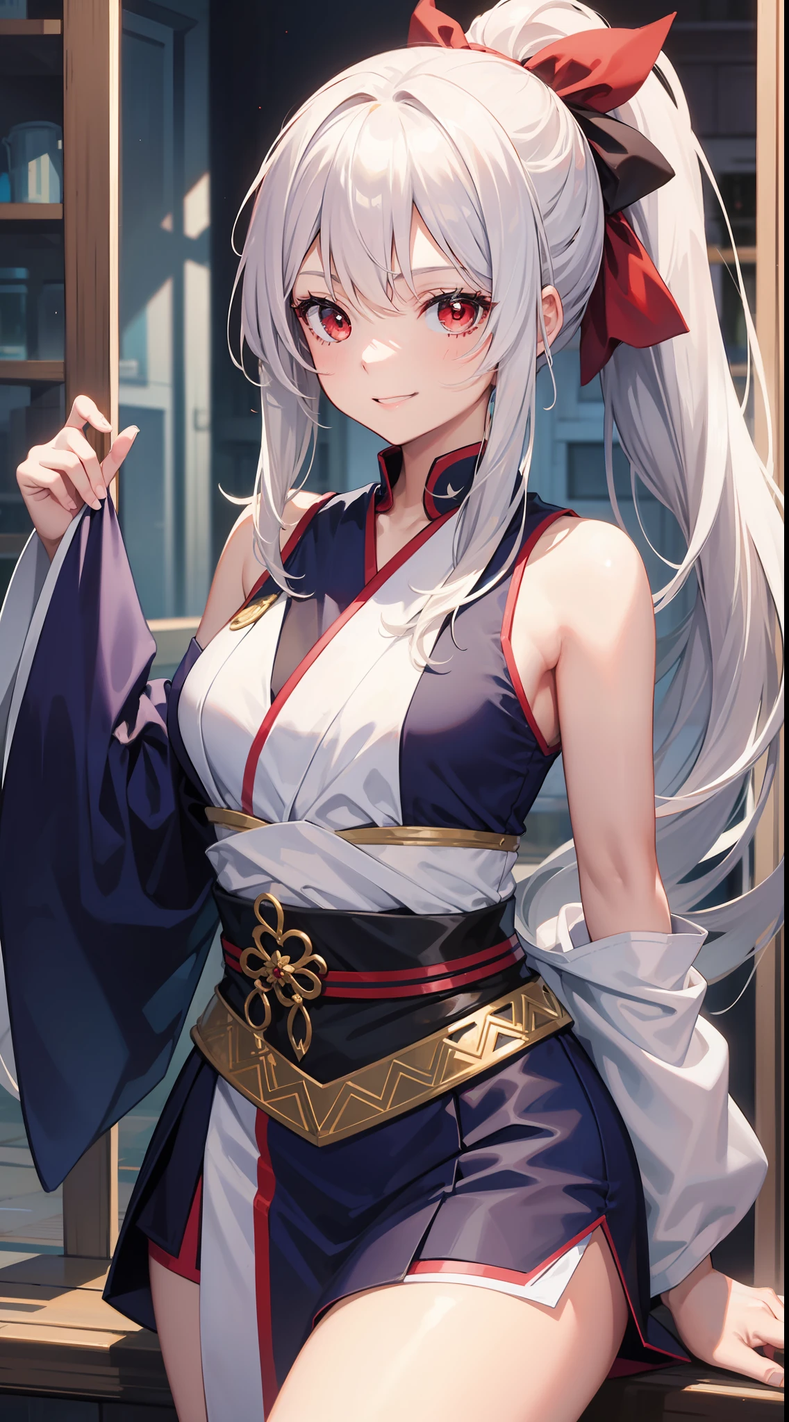 young girl, Long white hair, high ponytail, red eyes, Blue sleeveless kimono, ssmile, Masterpiece, hiquality