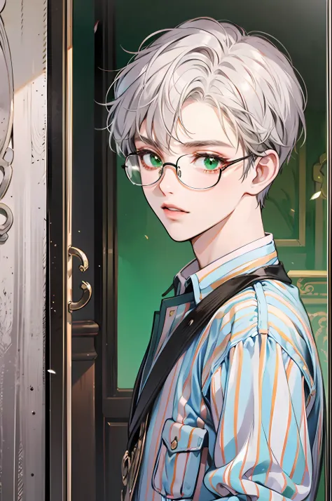 Short white hair，Wearing glasses，Green eyes，Vertical striped shirt，No bangs，（（Boy student）），looks into camera