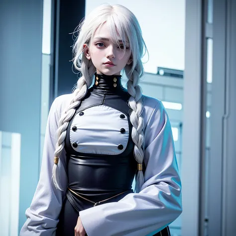 White clothes, white skin, white hair, long braids, cyberpunk, golden eyes, looking up, upper body --auto