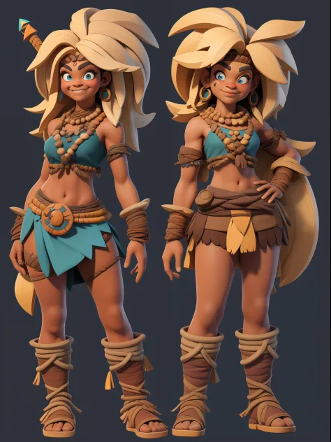 1 Tribal Girls，Full body like，（European and American cartoon Q version，3D model rendering，Primitive barbarian style），mages，Barbarians，Primitive tribes，dwarven，clash of clans style，Cartoon model rendering，low poly，highly details eye、beauitful face，Mini Dwar...