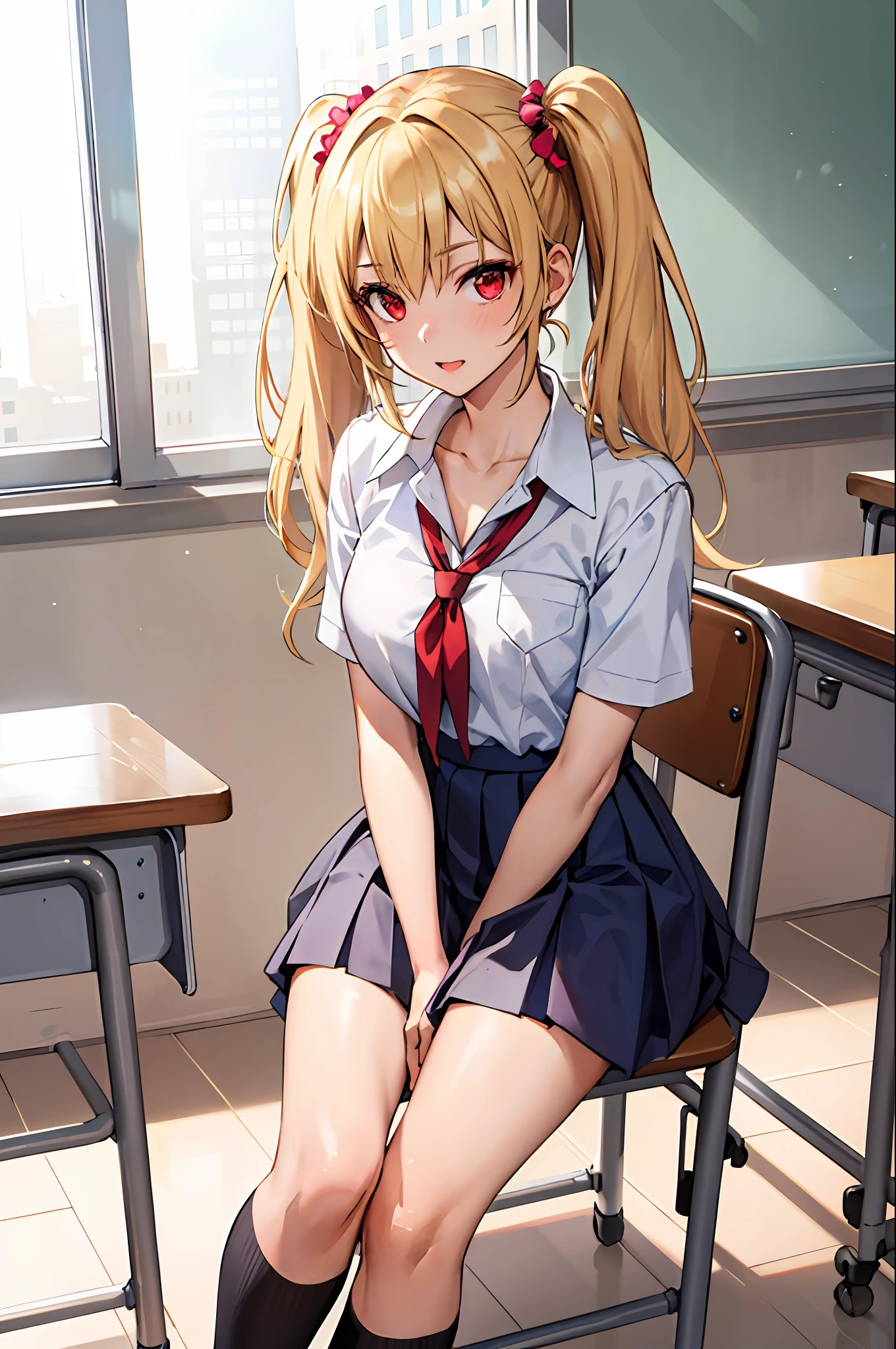 (masterpiece:1.2, best quality), 1lady, solo, school uniform, classroom, day, sit, blonde, twintails, red eyes, open collabone, gyaru, open chest