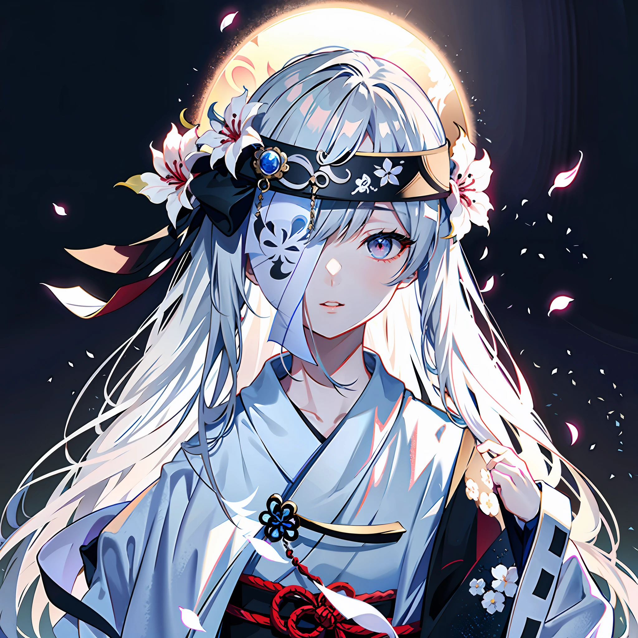 8K，best qualtiy，tmasterpiece，超高分辨率，Epic and beautiful character art，Stunning character art，A woman wears a black ribbon to cover her eyes，Gray hair，Anime girl with flowers in her hair, Gray background，It is a detailed Onmyoji style art，Whitening of the face，frostbite，Silk robes，Very beautiful girl，The blind freedom of a few，style of anime4 K, Anime wallpaper 4K,  White-haired god, anime styled 3d