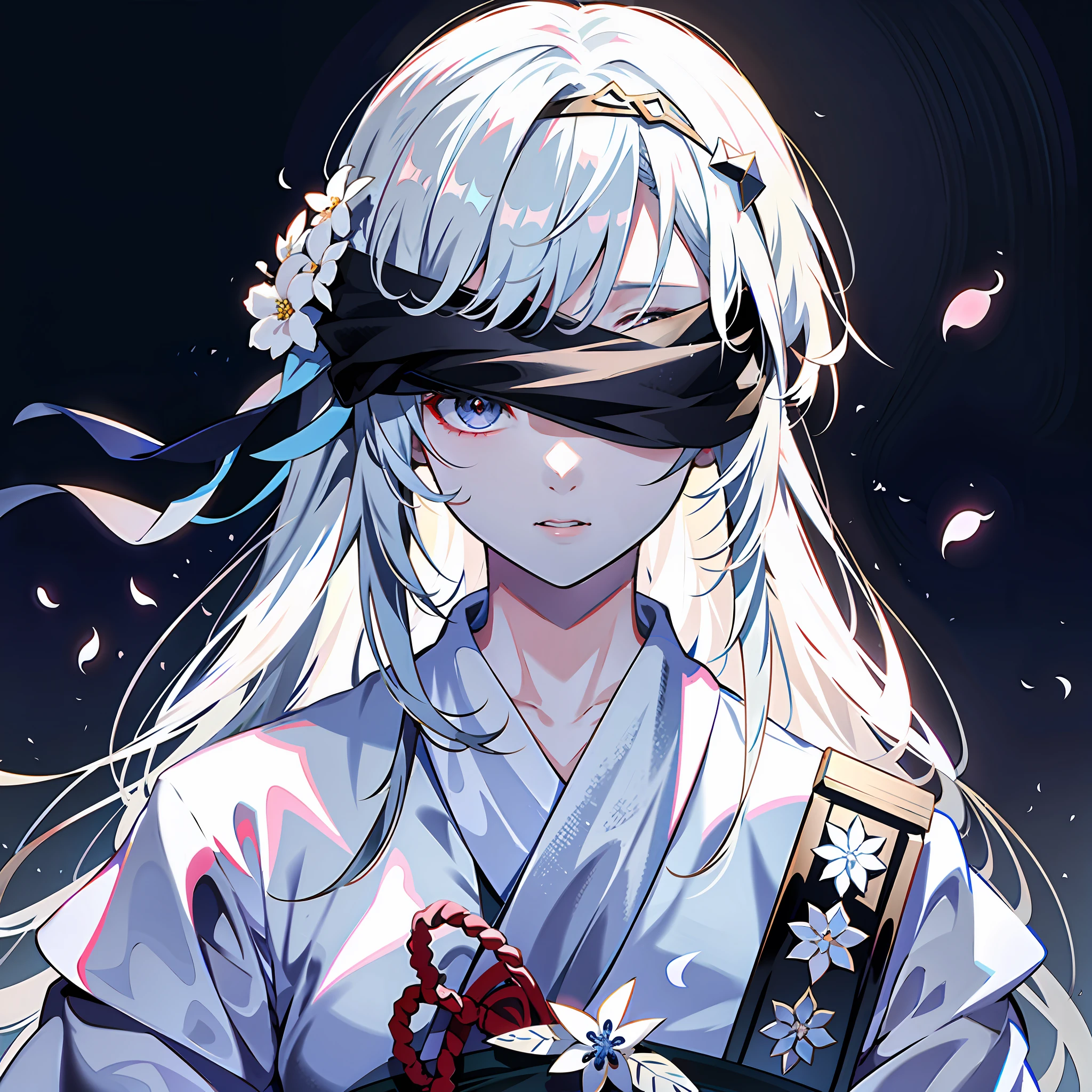 8K，best qualtiy，tmasterpiece，超高分辨率，Epic and beautiful character art，Stunning character art，A woman wears a black ribbon to cover her eyes，Gray hair，Anime girl with flowers in her hair, Gray background，It is a detailed Onmyoji style art，Whitening of the face，frostbite，Silk robes，Very beautiful girl，The blind freedom of a few，style of anime4 K, Anime wallpaper 4K,  White-haired god, anime styled 3d