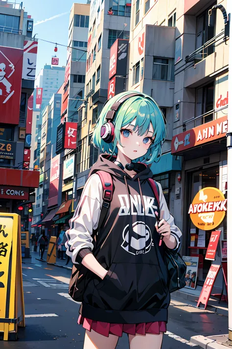 Anime girl with headphones and backpack on city streets, style of anime4 K, Best anime 4k konachan wallpaper, Anime art wallpaper 4k, Anime art wallpaper 4 K, Anime art wallpaper 8 K, Anime style. 8K, Guviz-style artwork, cyberpunk anime girl in hoodie, An...