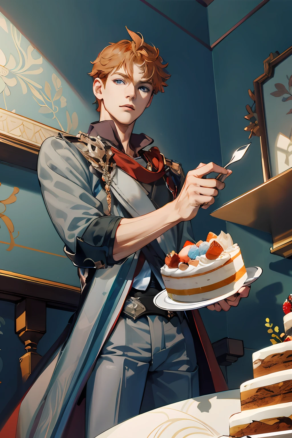 extremely delicate and beautiful, Amazing, finely detail, masterpiece, ultra-detailed, highres,best illustration, best shadow,intricate,sharp focus, high quality, 1 male solo, handsome, broad shoulders, orange hair, blue eyes, grey clothes, red scarf, dynamic battle pose, cakes