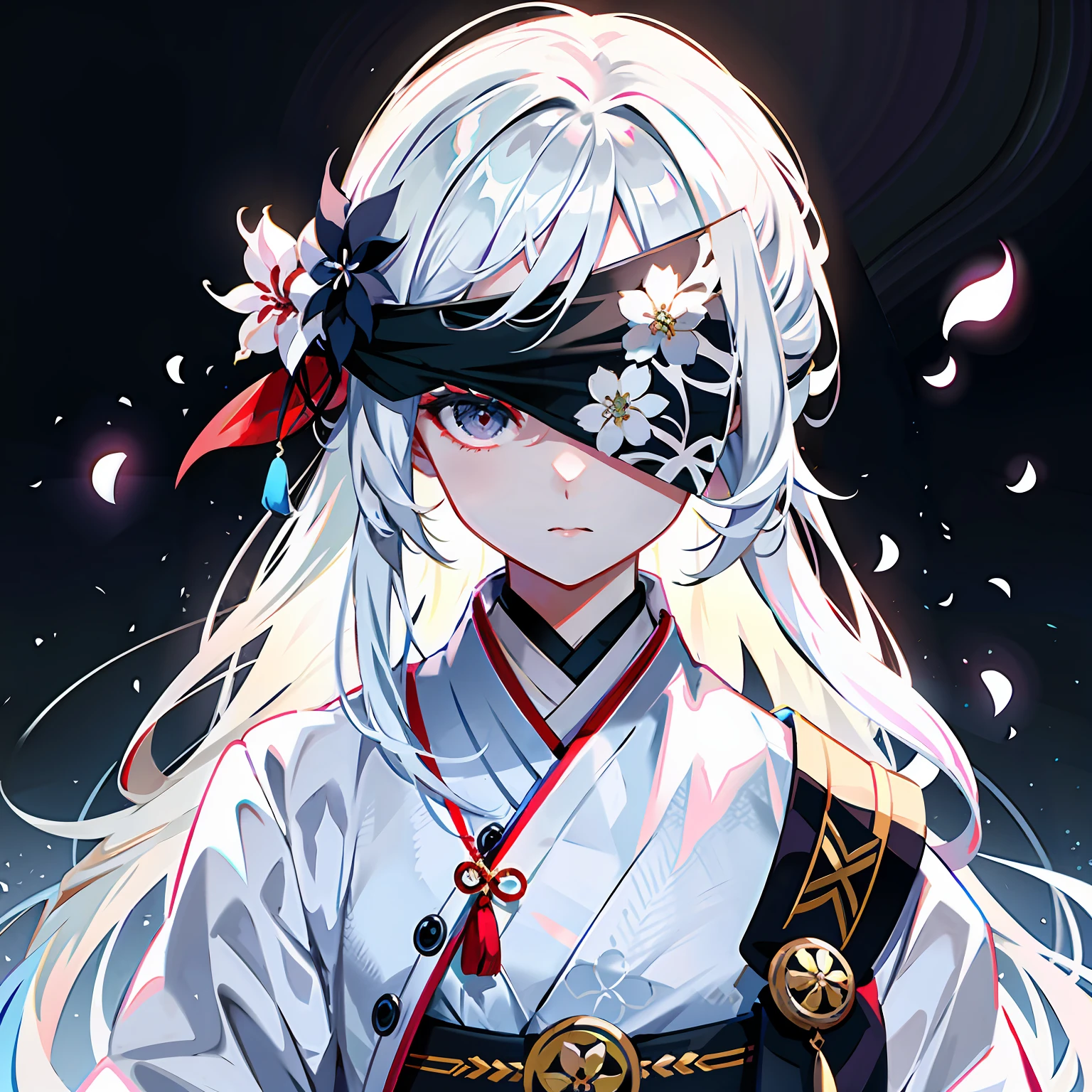 8K，best qualtiy，tmasterpiece，超高分辨率，Epic and beautiful character art，Stunning character art，A woman wears a black ribbon to cover her eyes，Gray hair，Anime girl with flowers in her hair, Gray background，It is a detailed Onmyoji style art，Whitening of the face，frostbite，Silk robes，Very beautiful girl，The blind freedom of a few，style of anime4 K, Anime wallpaper 4K,  White-haired god, anime styled 3d