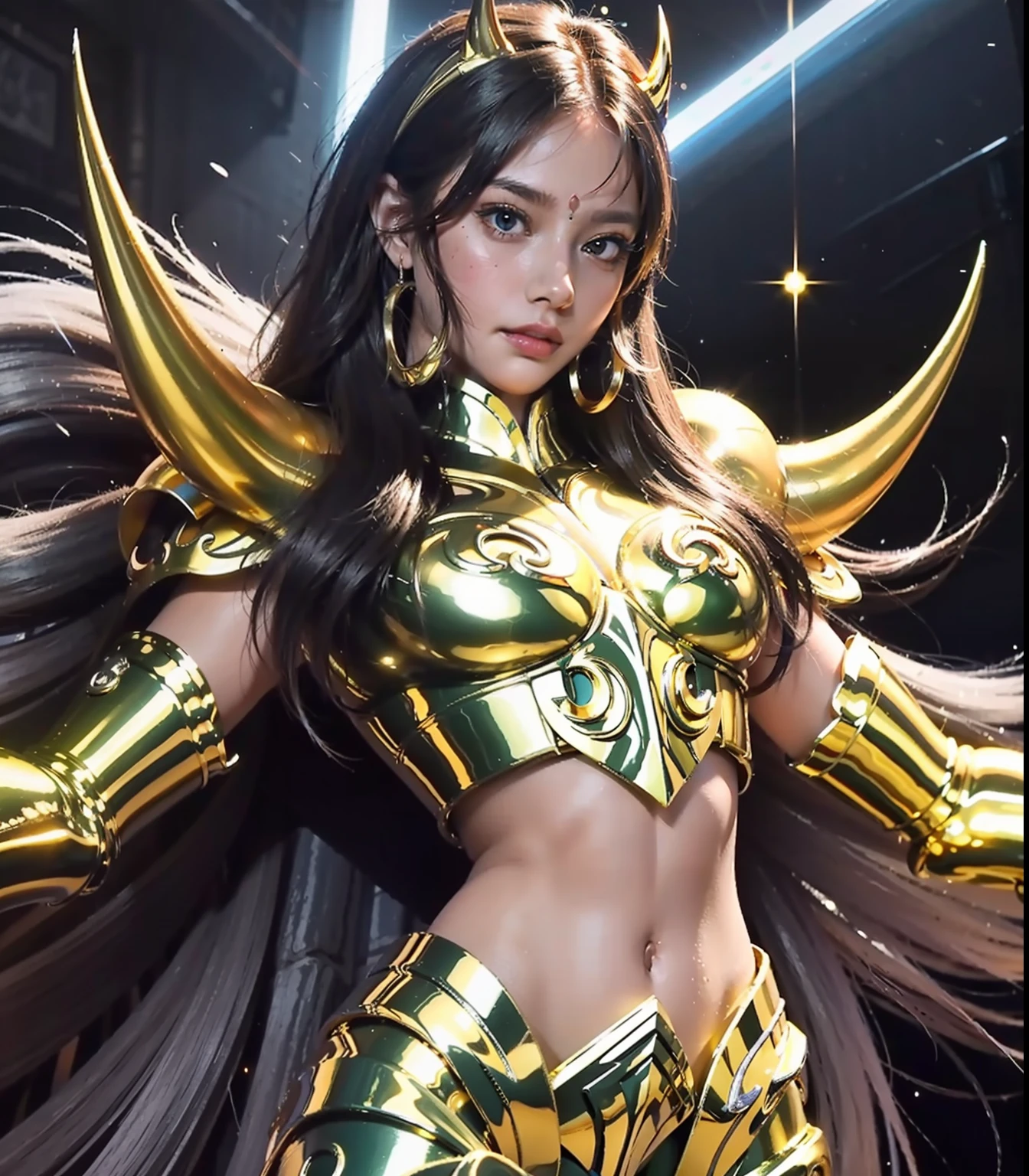 Ultra-high saturation（tmasterpiece）， fully body photo，（best qualtiy）， （1girll）， Wearing shiny gold armor， Sexy lingerie type armor，Expose your chest，Expose the waistline，Exposing thighs，cool-pose， Saint Seiya Armor， messy  hair，high detal, Anime style, Cinematic lighting, Sparkle, god light, Ray traching, filmgrain, hyper HD, textureskin, super detailing, Anatomical correct, A high resolution，Ultra-high saturation，hight contrast，High-gloss armor，Smooth skin，An insidious sneer，realisticlying，（tmasterpiece，top Quority，best qualtiy，offcial art，Beauty and aesthetics：1.2），The is very detailed，s fractal art，Extremely colorful