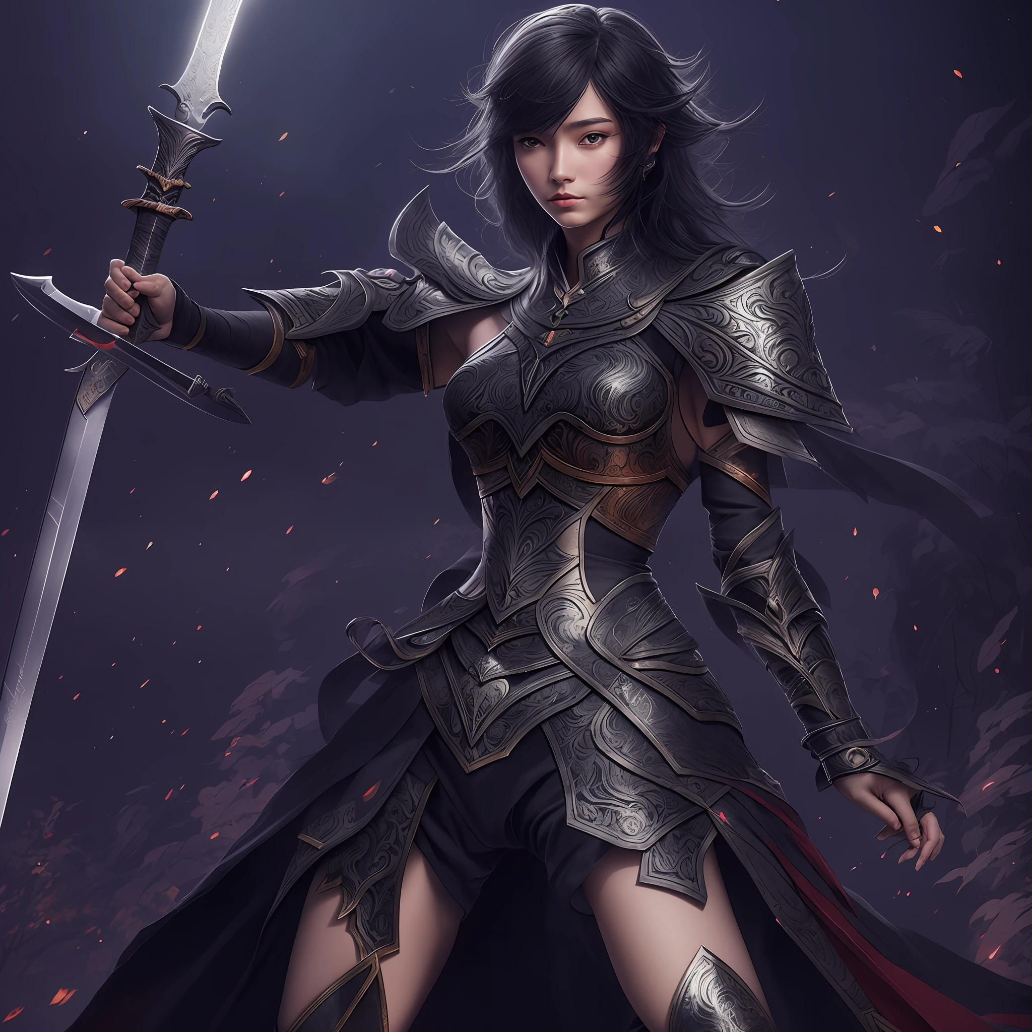 tmasterpiece, Master masterpieces, Female warriors of the future，Black color hair，One-handed sword，Enchanting light and shadow, Sony FE GM, Textured skin, High quality, High details