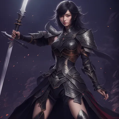 tmasterpiece, Master masterpieces, Female warriors of the future，Black color hair，One-handed sword，Enchanting light and shadow, ...
