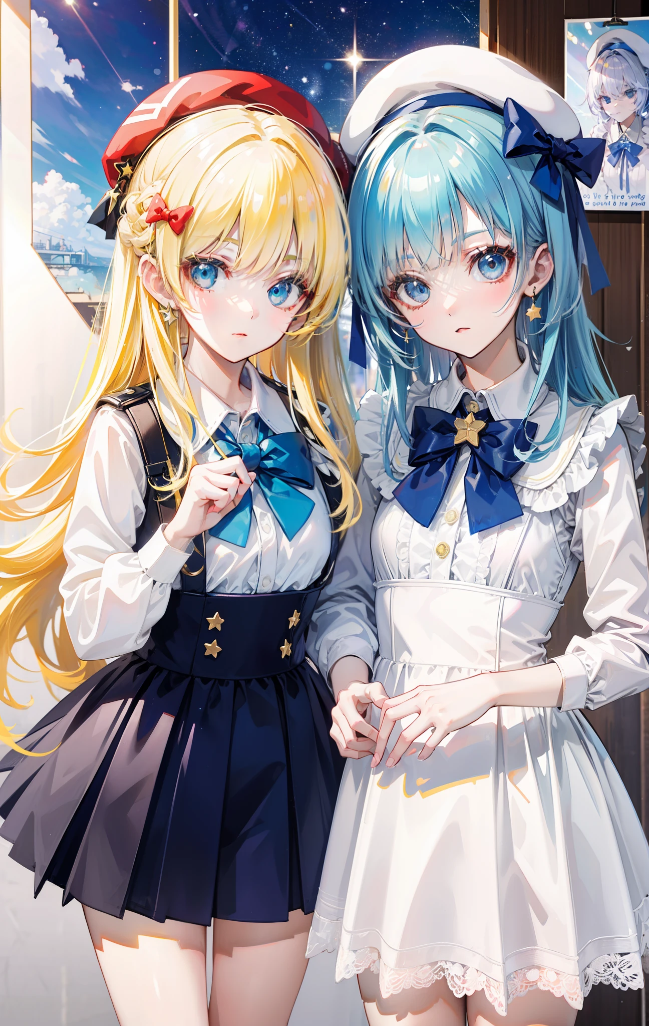 Yellow-haired，white dresses，eBlue eyes，star accessories，Blue bow tie，white beret（It has a blue bow on it），starryskybackground，poster for，There is text in the upper right corner，meteors，4K