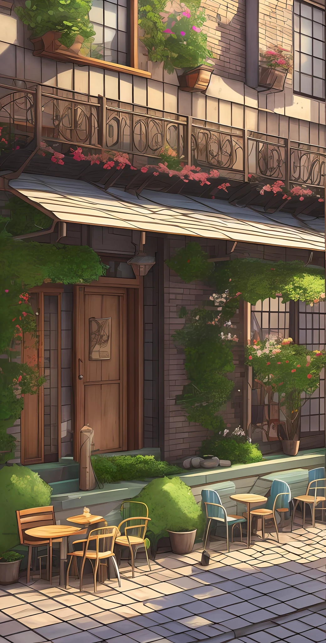 there is a patio with a table and chairs and a door, by senior environment artist, relaxing concept art, inspired by senior environment artist, beautiful 3 d concept art, environment art, 3 d stylize scene, cozy cafe background, anime scenery concept art, akihiko yoshida. unreal engine, anime background art, realistic 3 d style, highly detailed scene --auto --s2