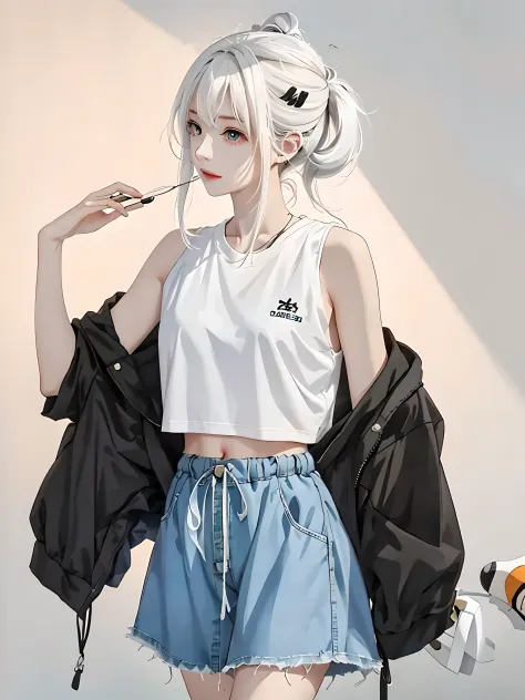 (look at the lens: 1.4), (striped hair: 1.4), (white skin: 1.4), style anime, anime inspiration, casual clothing, modern anime s...