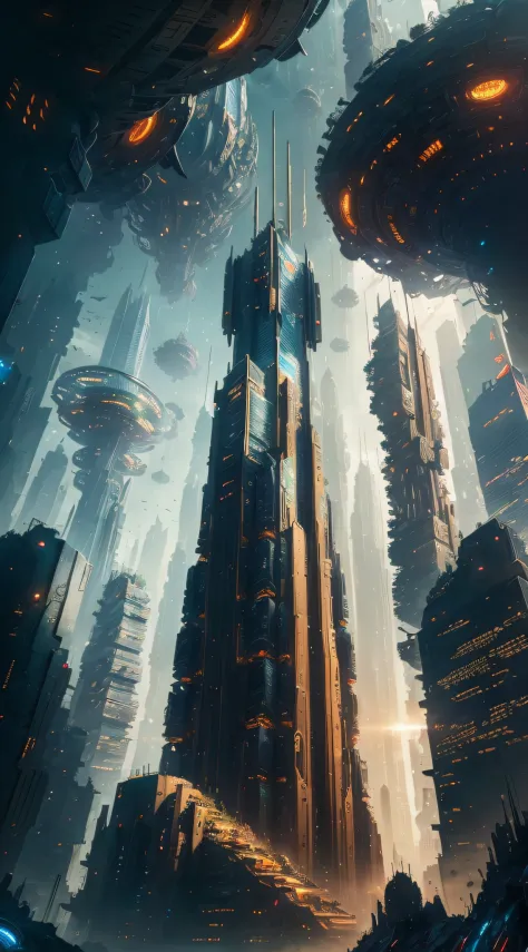 ((masterpiece)), ((best quality)), 8k, high detailed, ultra-detailed, 
An alien civilization's cityscape emerges, with towering buildings of peculiar shapes and unknown technologies, showcasing the prosperity and advancement of their civilization.
Alien ci...