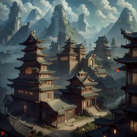 best qualtiy，tmasterpiece，超高分辨率，Very spectacular scene，Amazing detail，Chinese Ancient Times，Chang'an，the Tang Dynasty，Movie scenes，A prosperous scene，Rows of ancient Chinese buildings，Wide streets on both sides，mountain in the distance，flod，Art style of re...