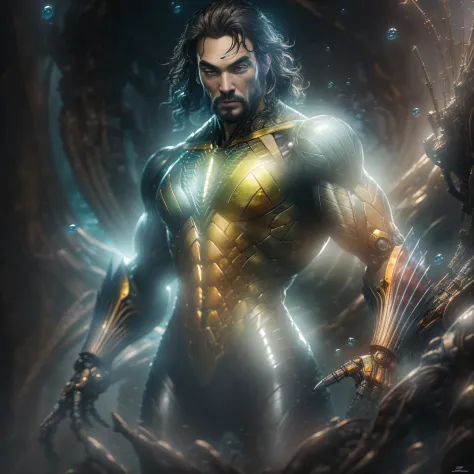 "Hyperrealistic rendering of Aquaman underwater, showcasing his biomechanical suit with intricate robotic details. The composition should emphasize his full figure, with clean and precise lines. The overall visual style should incorporate a cyberpunk aesth...