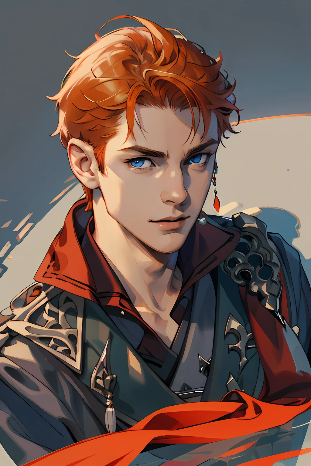 extremely delicate and beautiful, Amazing, finely detail, masterpiece, ultra-detailed, highres,best illustration, best shadow,intricate,sharp focus, high quality, 1 male solo, handsome, broad shoulders, orange hair, blue eyes, grey clothes, red scarf, ((closeup face, portrait))