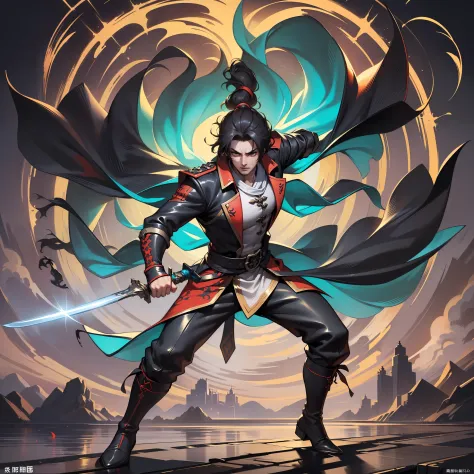 full-body,whitebackgroud,(Shen Lang is tall and handsome, wearing a tight black outfit with red patterns on it. He has a black b...