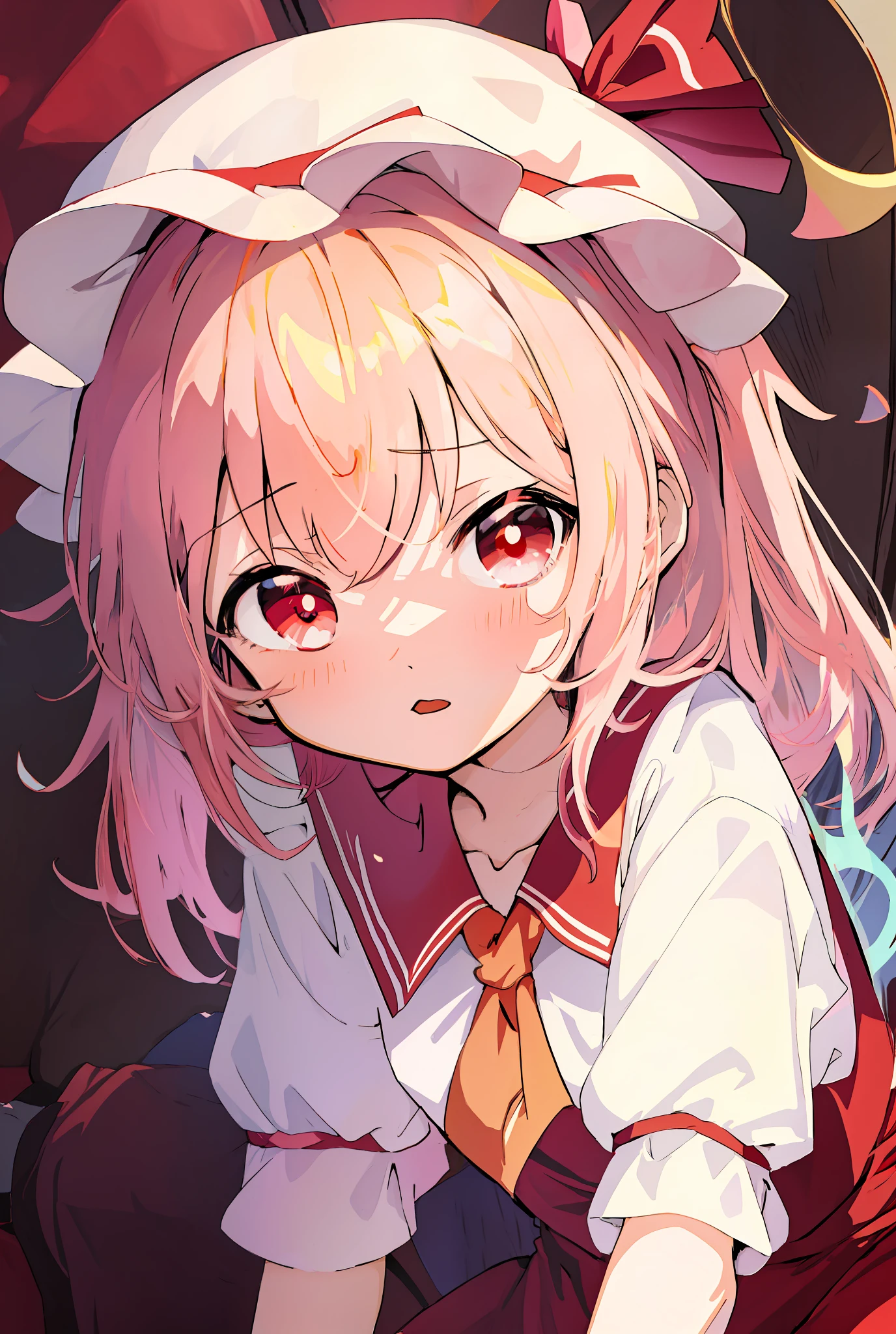 Anime girl sitting on bed，There was a red blanket, Splash art anime Loli, anime visual of a cute girl, from touhou, magical girl anime mahou shojo, touhou project, Touhou, small curvaceous loli, anime girl in a maid costume, touhou character, touhou project official artwork, An anime cover, Anime moe art style