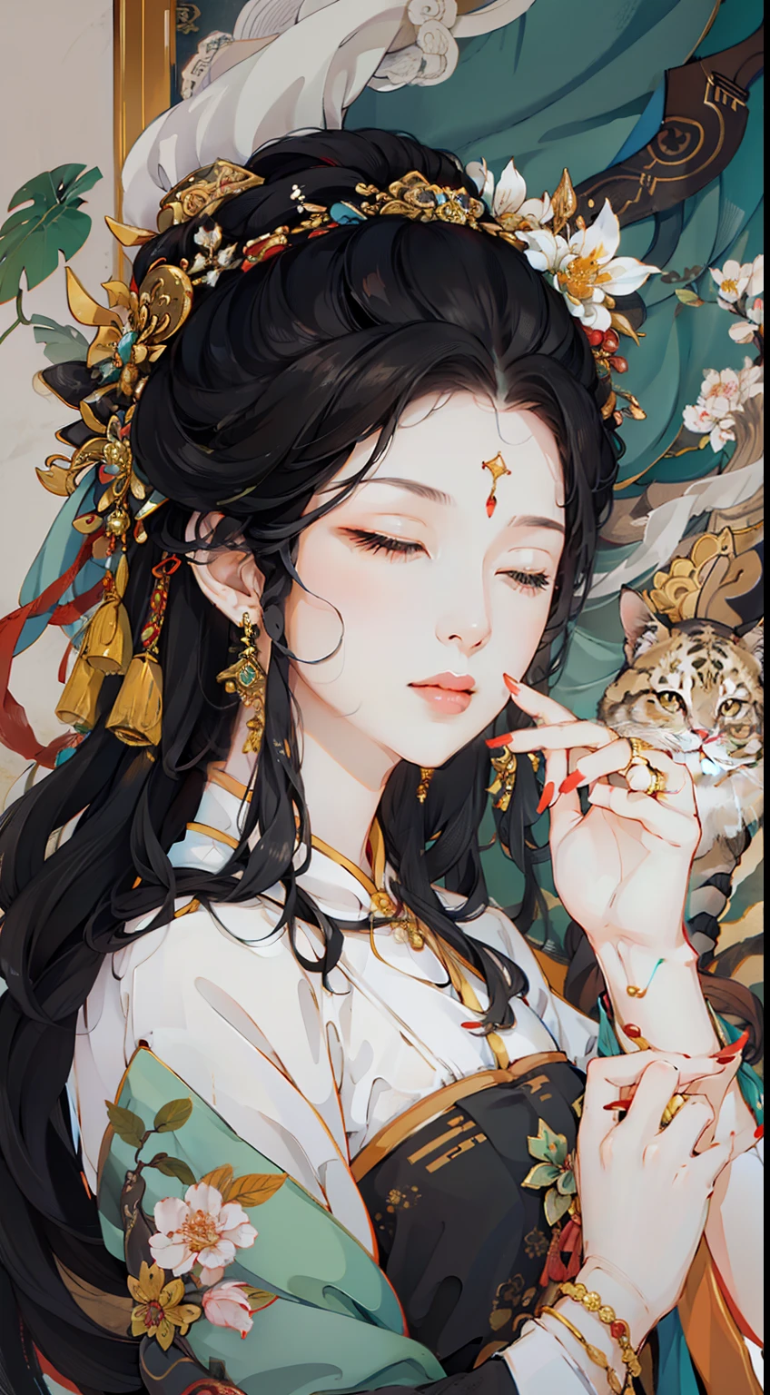 black_hair, 1girl, closed_eyes, long_hair, nail_polish, solo, jewelry,ancient art, chinese,