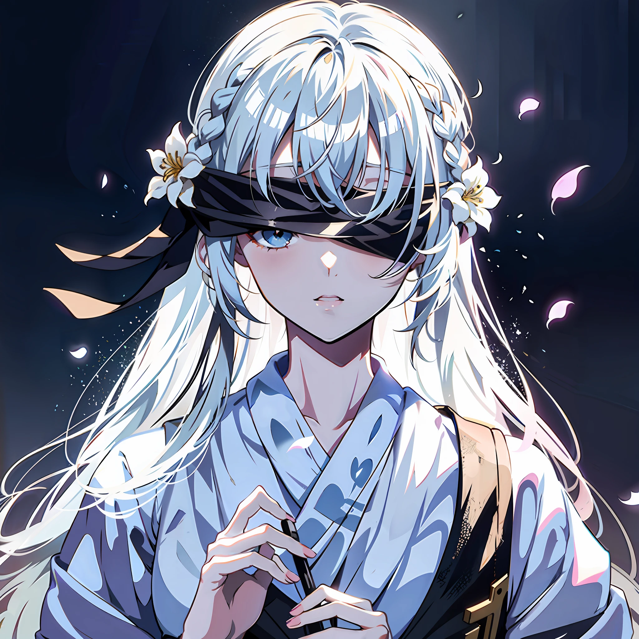 8K，best qualtiy，tmasterpiece，超高分辨率，Epic and beautiful character art，Stunning character art，A woman wears a black ribbon to cover her eyes，Gray hair，Anime girl with flowers in her hair, Gray background，It is a detailed Onmyoji style art，Whitening of the face，frostbite，Silk robes，Very beautiful girl，The blind freedom of a few，style of anime4 K, Anime wallpaper 4K,  White-haired god, anime styled 3d