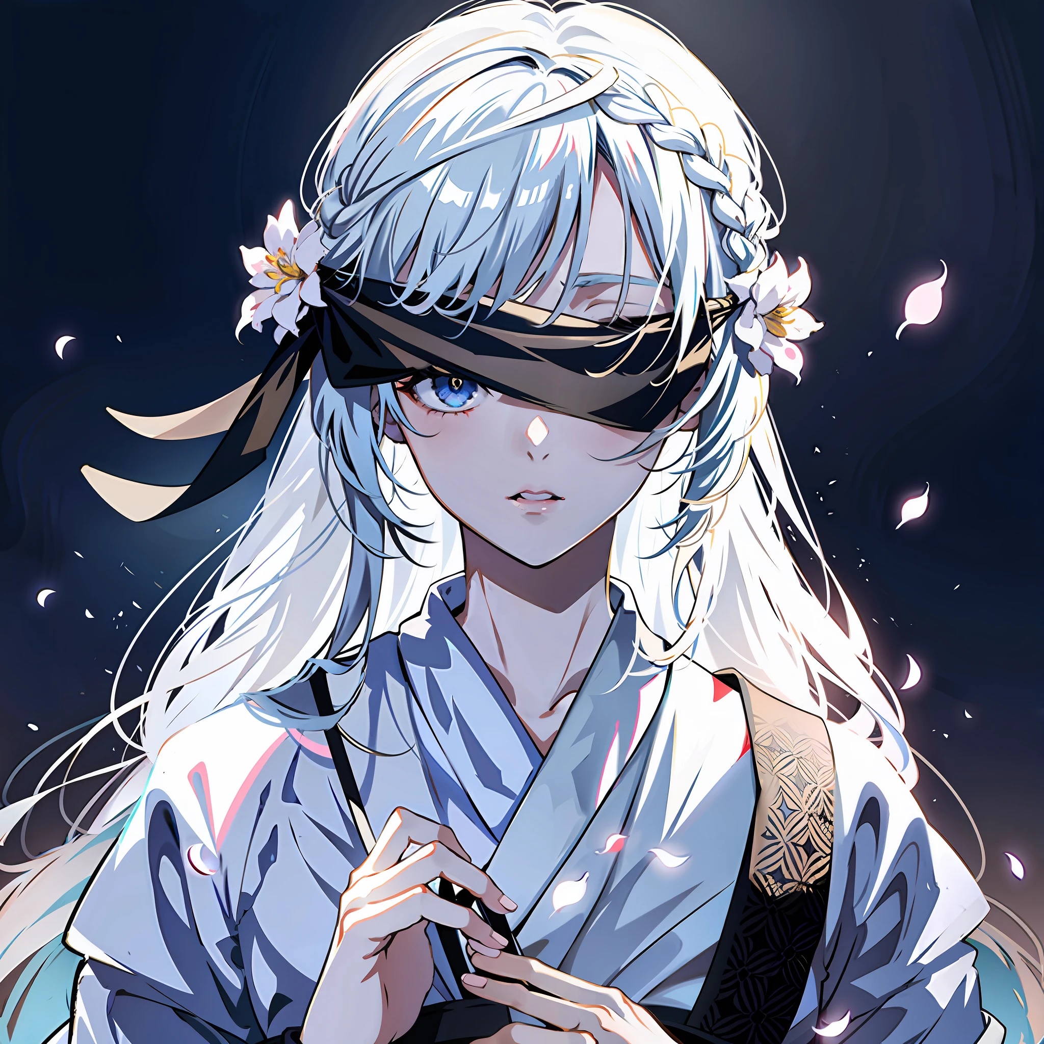 8K，best qualtiy，tmasterpiece，超高分辨率，Epic and beautiful character art，Stunning character art，A woman wears a black ribbon to cover her eyes，Gray hair，Anime girl with flowers in her hair, Gray background，It is a detailed Onmyoji style art，Whitening of the face，frostbite，Silk robes，Very beautiful girl，The blind freedom of a few，style of anime4 K, Anime wallpaper 4K,  White-haired god, anime styled 3d