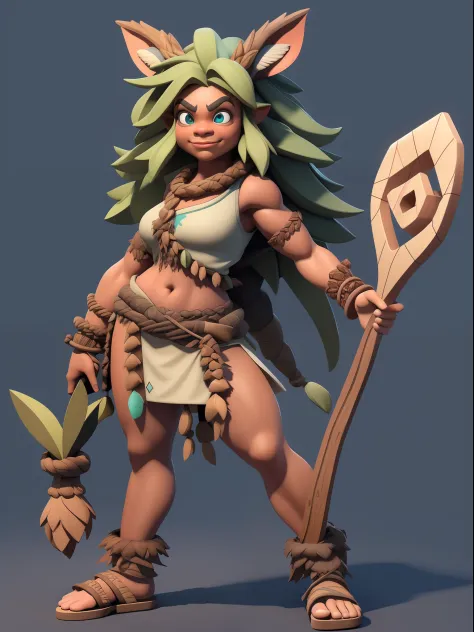 1 Tribal Girls，Full body like，（European and American cartoon Q version，3D model rendering，Primitive barbarian style），forest fairy，fawn，celtic tattoos，Barbarians，Primitive tribes，dwarven，clash of clans style，Cartoon model rendering，low poly，highly details e...