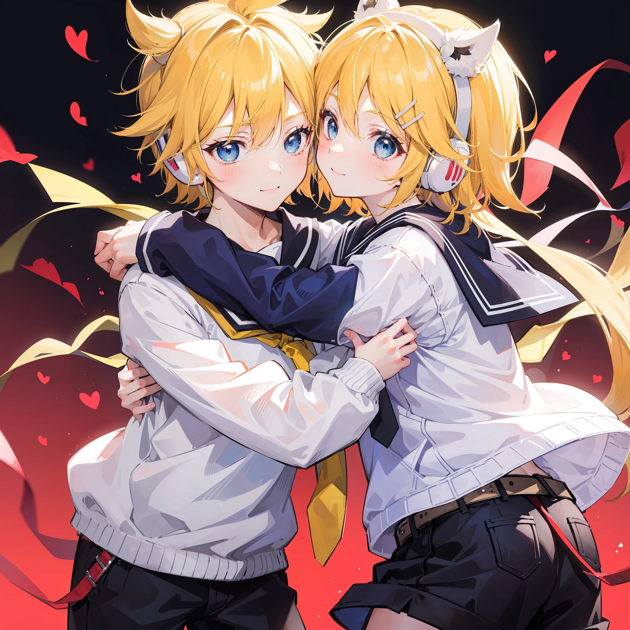 best quality, ultra precision, only two person, one boy and one girl, (a boy is Kagamine_Len), (a girl is Kagamine_Rin), blue eyes, cute, short hair, head phone, blond hair, sailor uniform, black short pants, belt, yellow necktie, smile, elementary school student, twins, love each other, sibling, children, (boy is as tall as girl), kids, characters focus, couple, love each other, white background, look at each other, platonic love, cool boy, cute girl, (hug), cowboy shot, blush, about to kiss, boy is cowlick, little boy