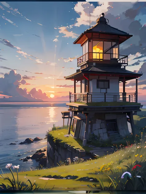 Sunset ,Evening time, oriental design, old light house tower,sea,airy, digital painting,grass, meadow,concept art, illustration, intricate, flower, plants ((tileset))