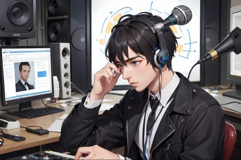 In the studio，handsome，Artistic boys，Remove the headphones worn on your head，Record microphone，