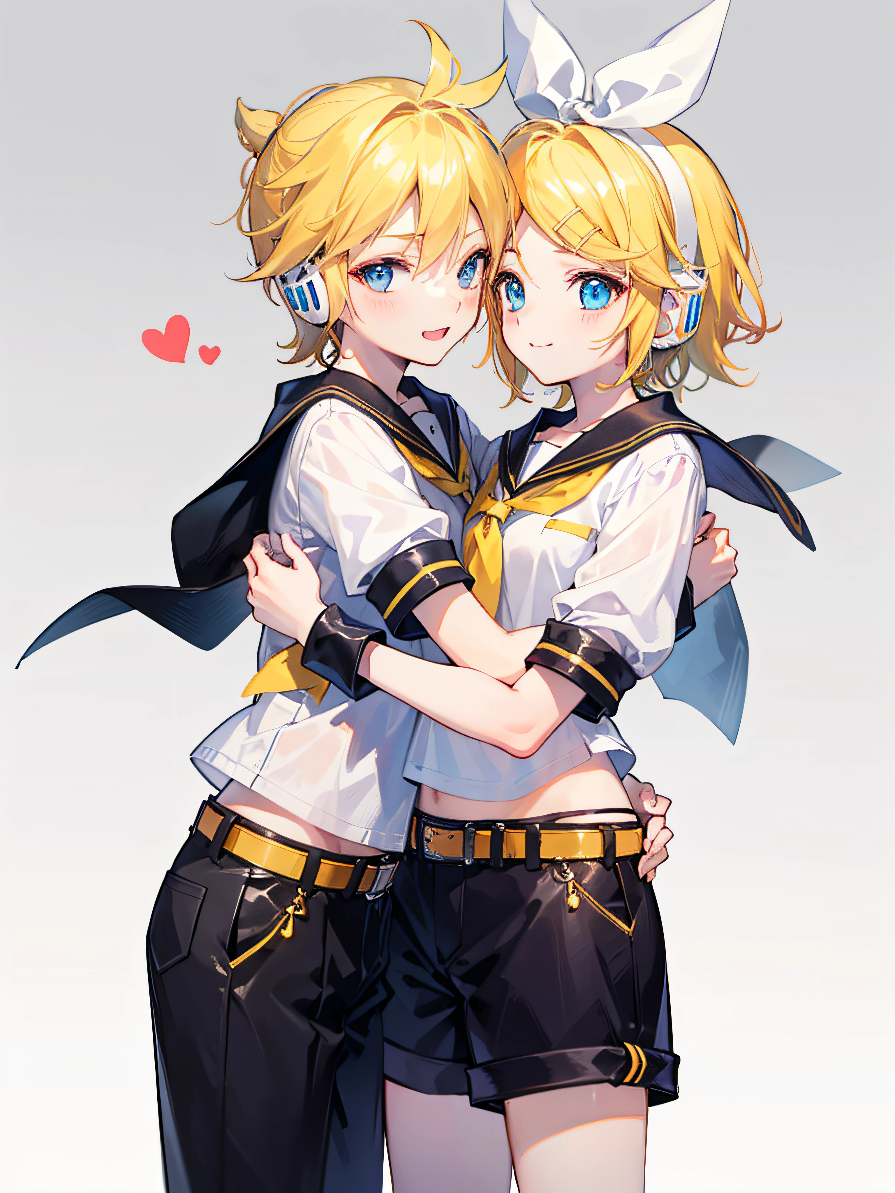 best quality, ultra precision, (only two person), (one boy and one girl), (a boy is Kagamine_Len), (a girl is Kagamine_Rin), blue eyes, cute, short hair, head phone, blond hair, sailor uniform, black short pants, belt, yellow necktie, smile, love each other, sibling, children, (boy is as tall as girl), kids, characters focus, couple, love each other, white background, look at each other, platonic love, cool boy, cute girl, (hug), cowboy shot, blush, about to kiss, boy is cowlick, 