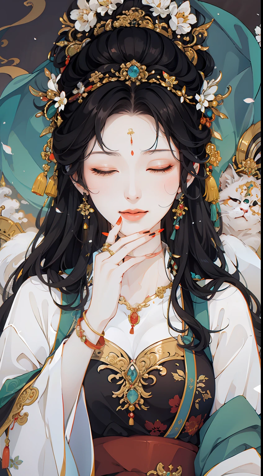 black_hair, 1girl, closed_eyes, long_hair, nail_polish, solo, jewelry,ancient art, chinese,